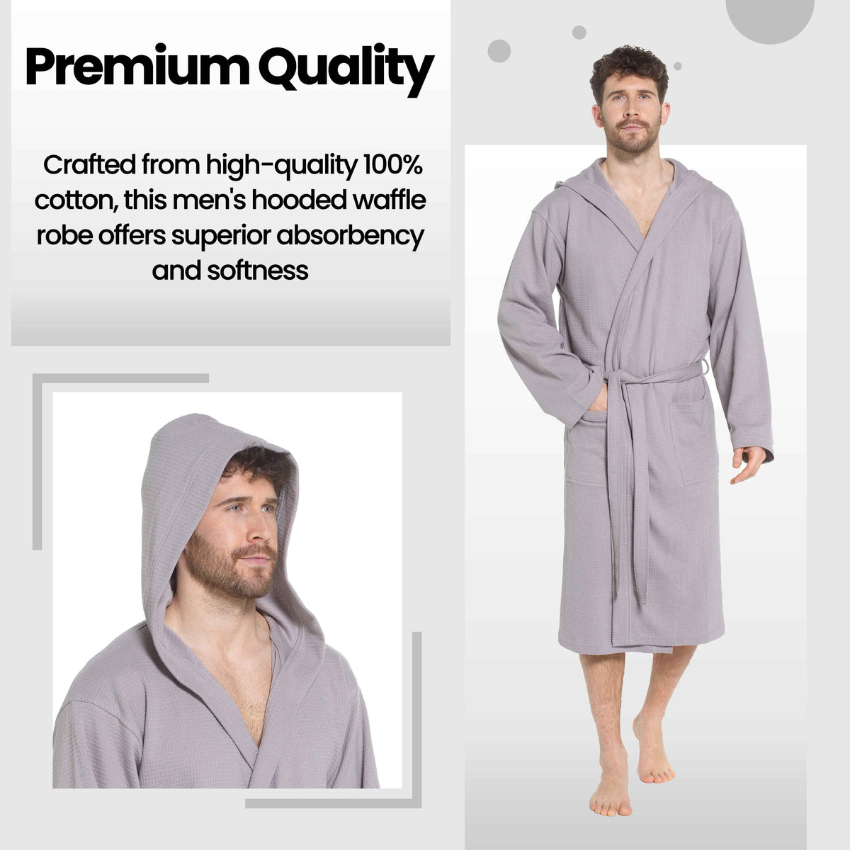 OLIVIA ROCCO Men's Hooded Waffle Cotton Bathrobe Grey 100% Cotton Super Absorbent Spa