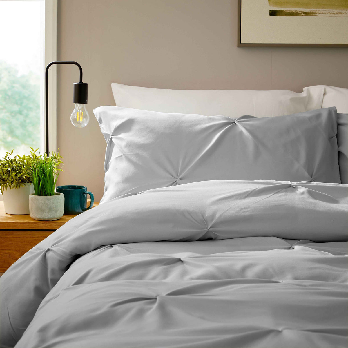 OLIVIA ROCCO Pintuck Grey Microfibre Duvet Cover Set With Pillowcases Soft Breathable