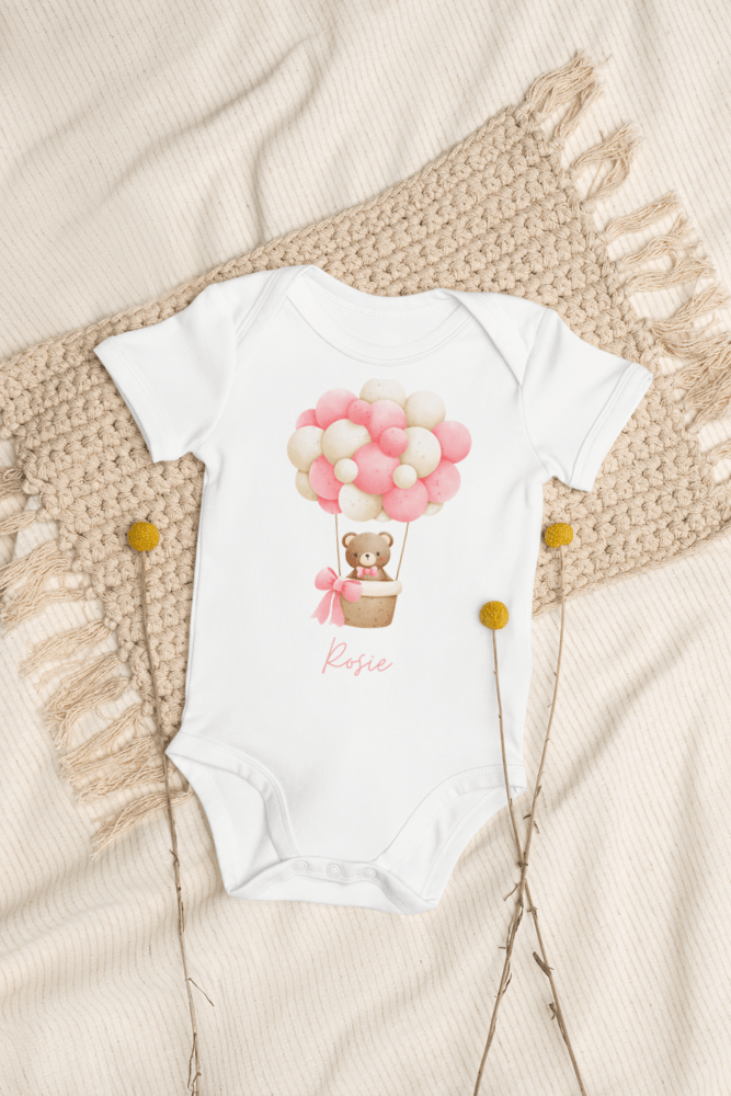 Personalised Name Bear Pink Hot Air Baloon Bodysuit