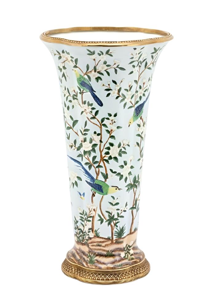 Oversized Cloisonné-Style Vase with Hand Painted Bird Motif