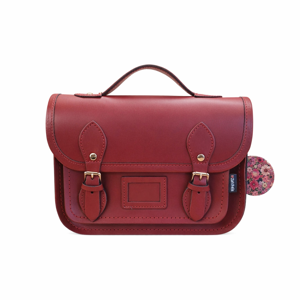 Floral Lined Leather Midi Satchel - Oxblood