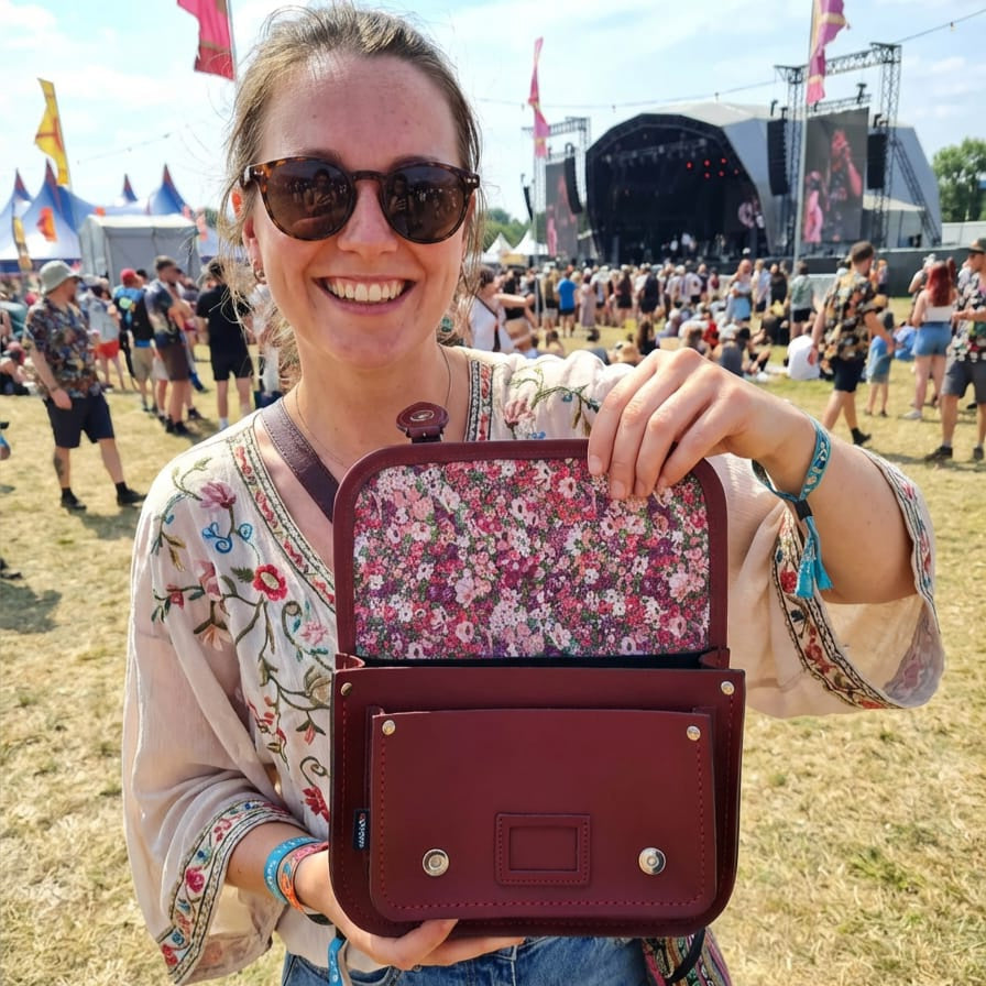 Floral Lined Leather Midi Satchel - Oxblood