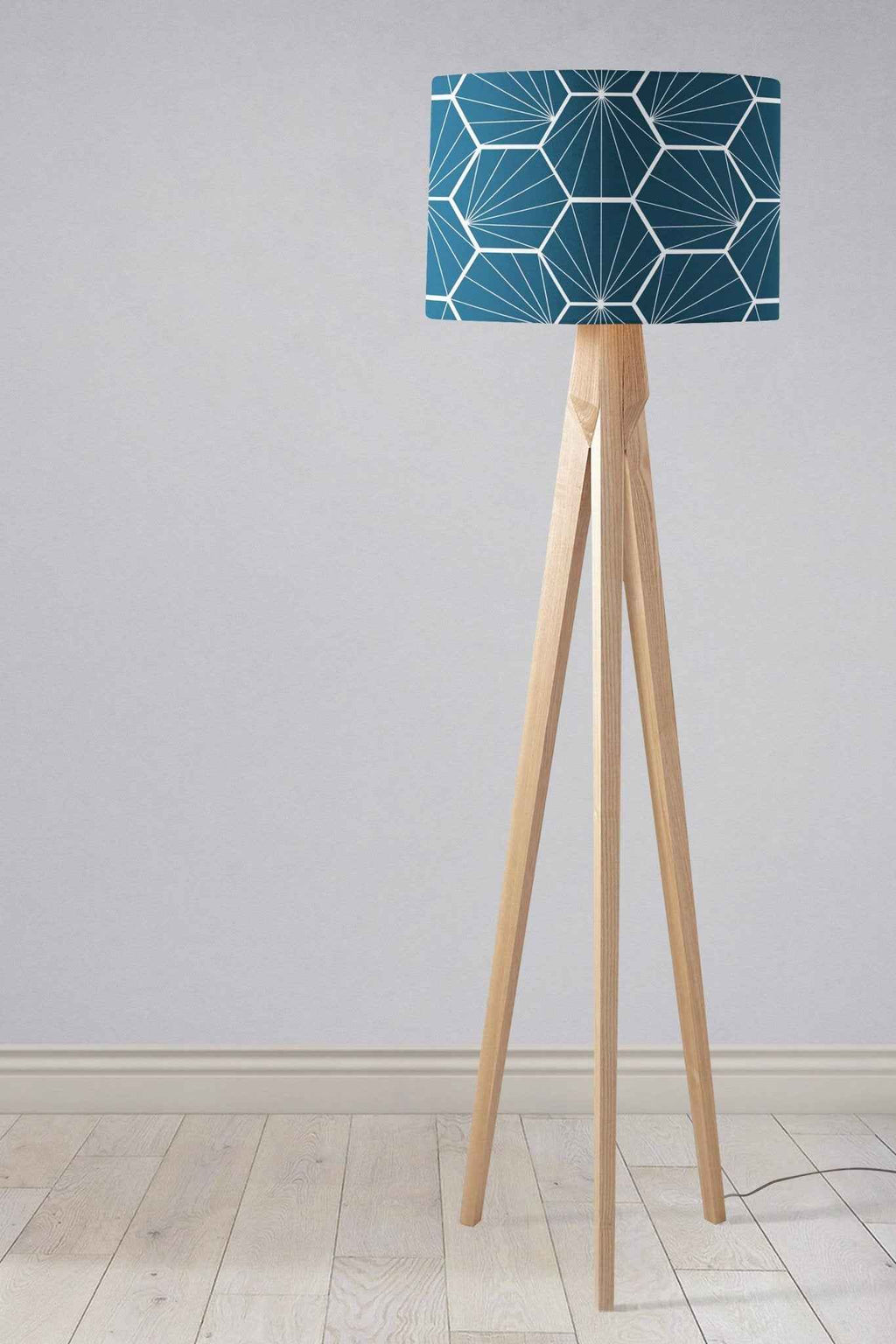Peacock Blue Drum Lampshade, White Hexagon Design Shade for Table, Floor or Ceiling Pendant Light