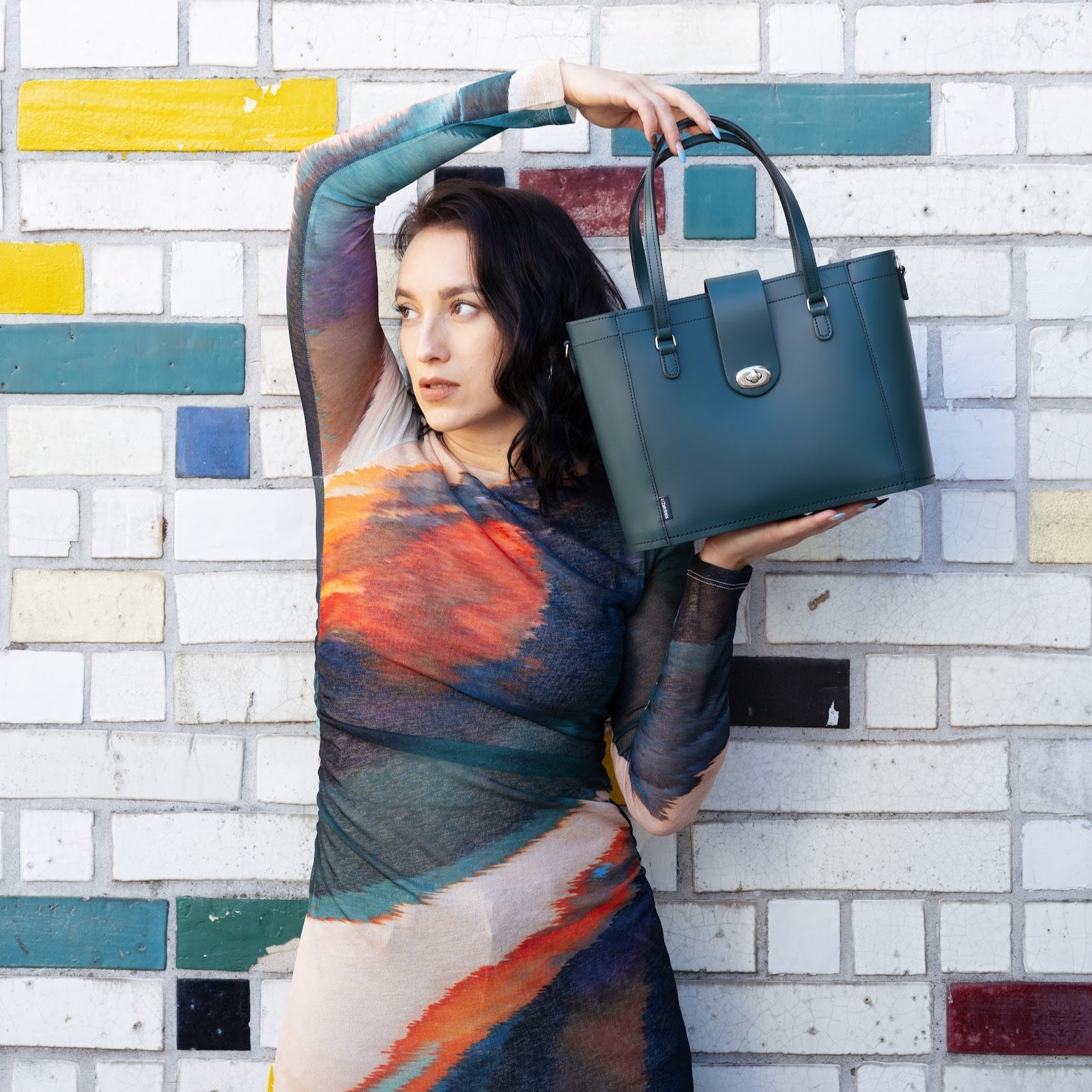 Leather Mini Twist Lock Shopper Bag - Pine