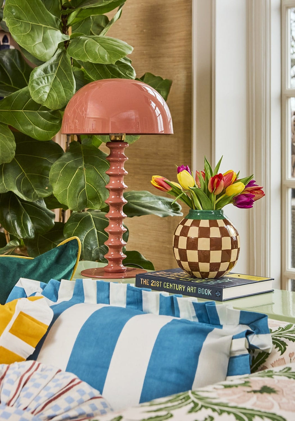 Blue and White Cabana Striped Ruffled Cushion Cover