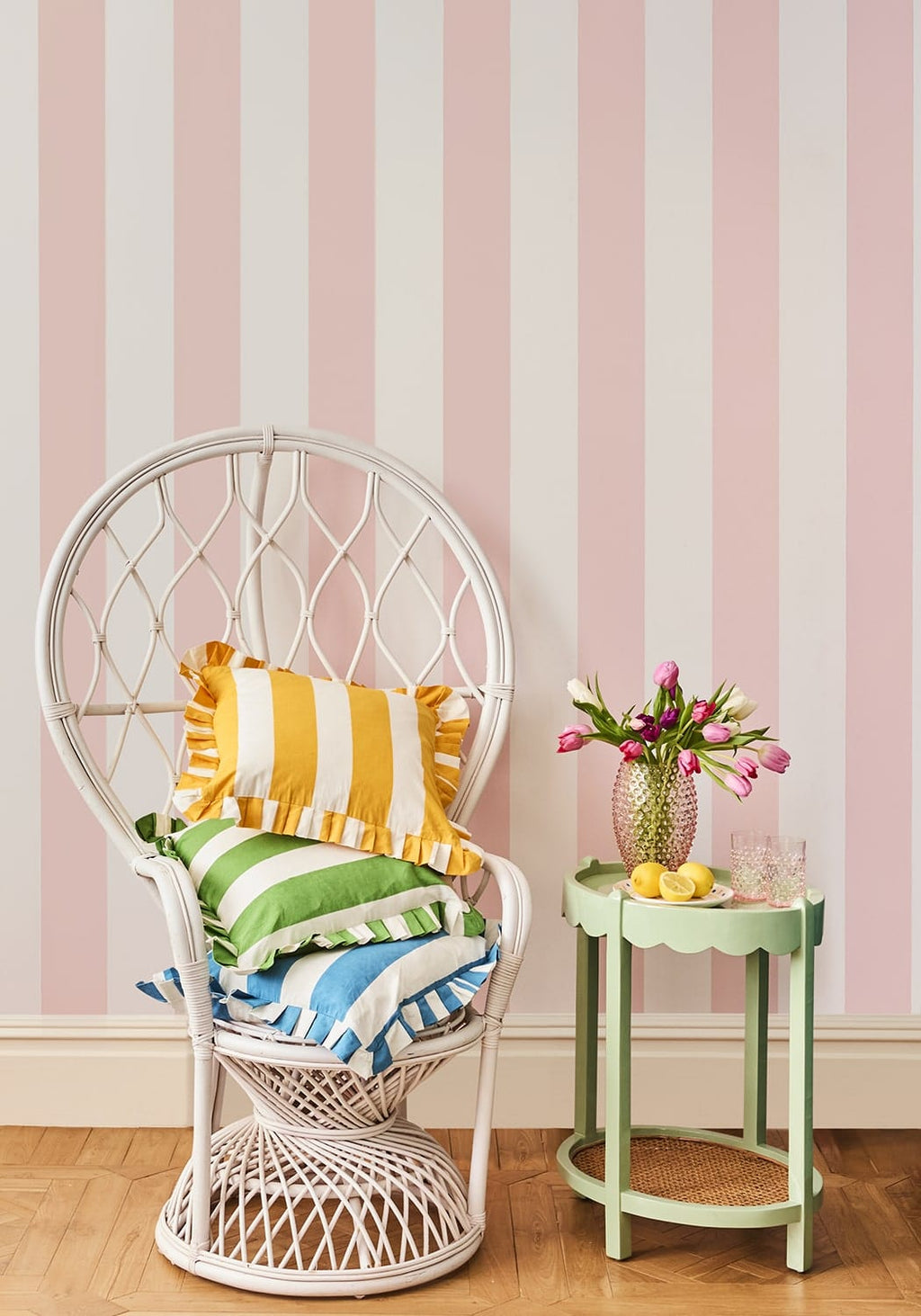 Blue and White Cabana Striped Ruffled Cushion Cover