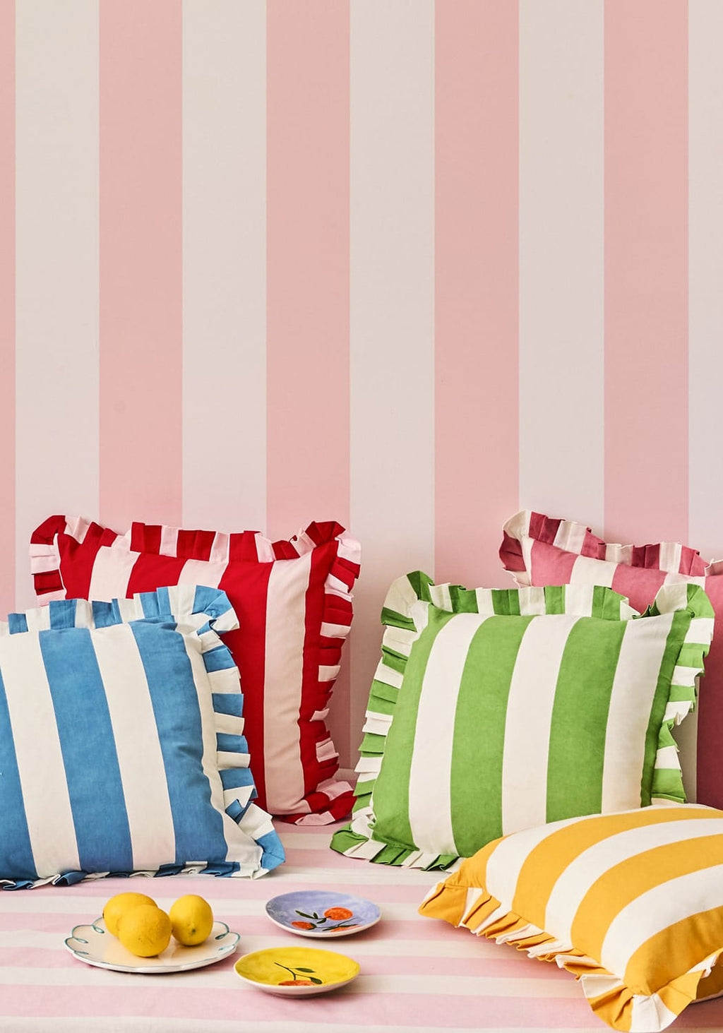Blue and White Cabana Striped Ruffled Cushion Cover