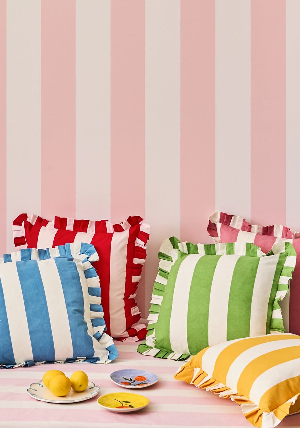 Yellow Cabana Stripe Ruffled Cushion Cover