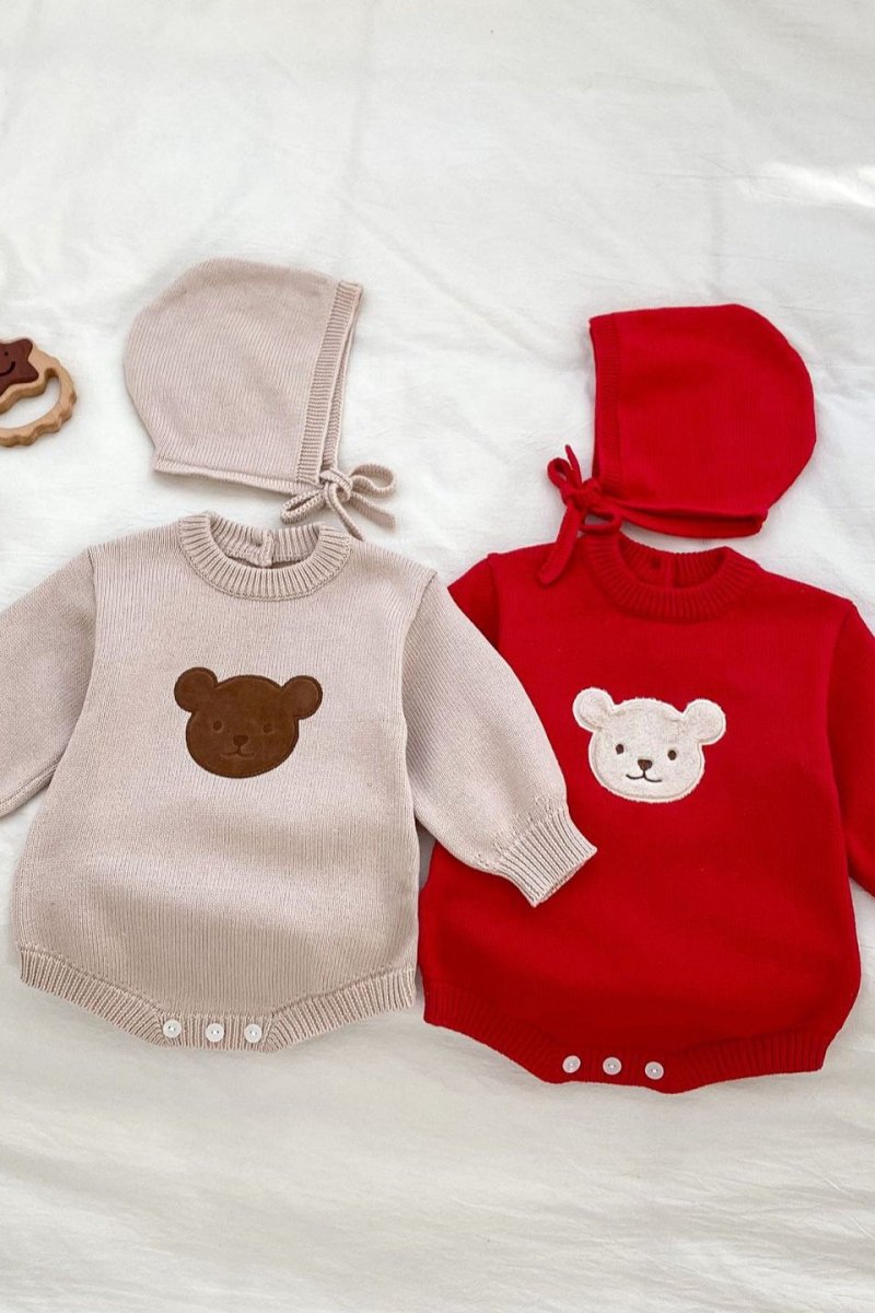 Winter Bear Knitted Bodysuit Red or Beige
