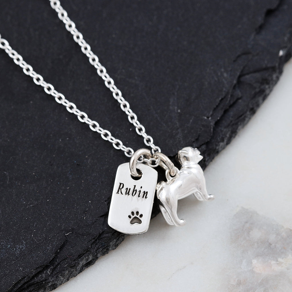 Pug Personalised Silver Dog Tag Necklace
