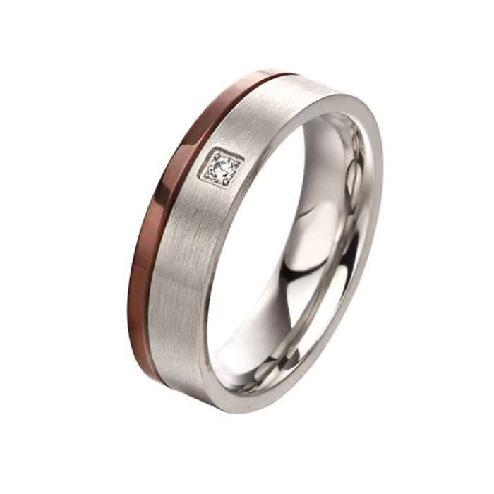 Fred Bennett Brushed Steel Ring with IP detail and CZ