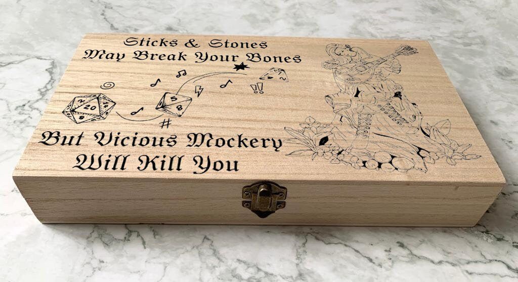 Personalised DnD Dice Box - Female Bard Sticks an Stones Insult Box