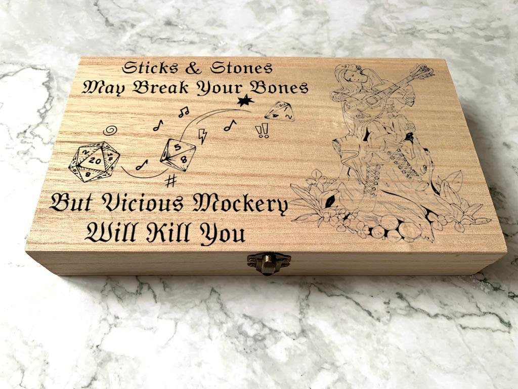 Personalised DnD Dice Box - Female Bard Sticks an Stones Insult Box