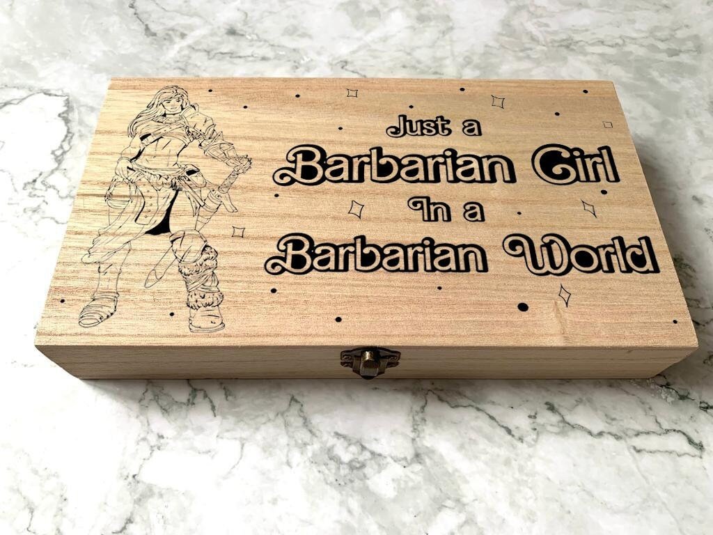 Personalised DnD Dice Box - Just a Barbarian Girl, in a Barbarian World