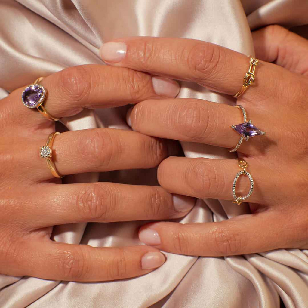 Elements Gold Irregular Shaped Purple Amethyst Stone Ring with Diamond Surround