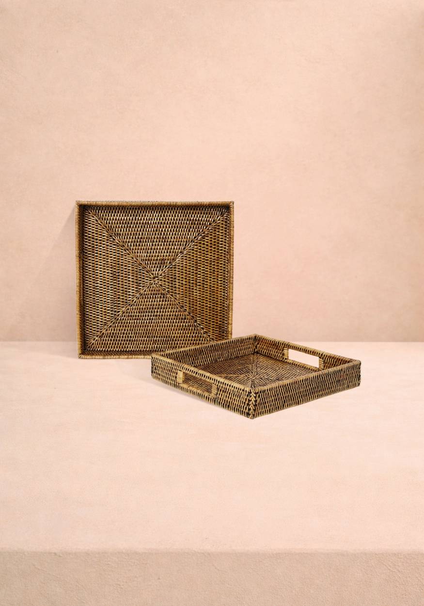 Pair of Square Rattan Trays in Classic Brown