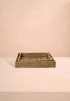 Pair of Square Rattan Trays in Classic Brown