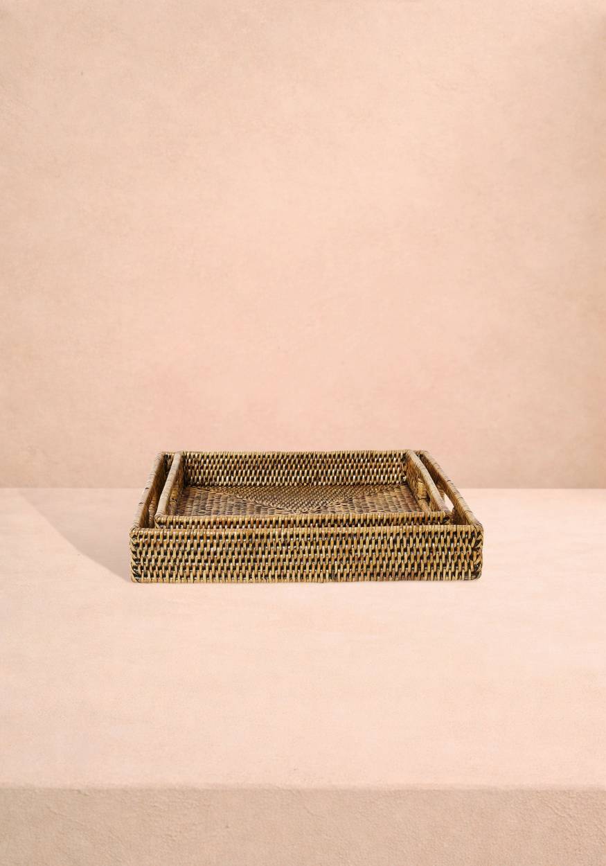 Pair of Square Rattan Trays in Classic Brown