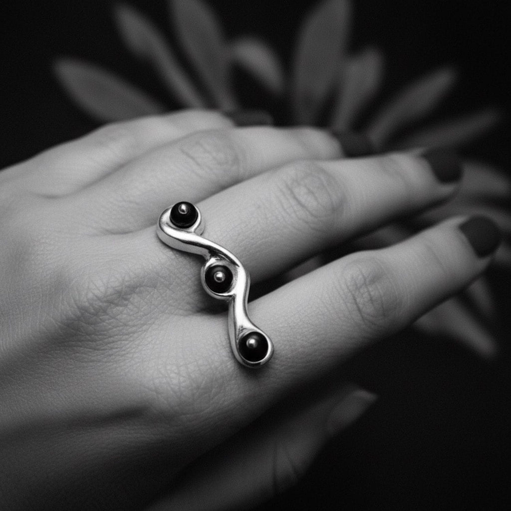 Snake Ring with Satin Onyx Beads – Sterling Silver 925 – One-of-a-Kind