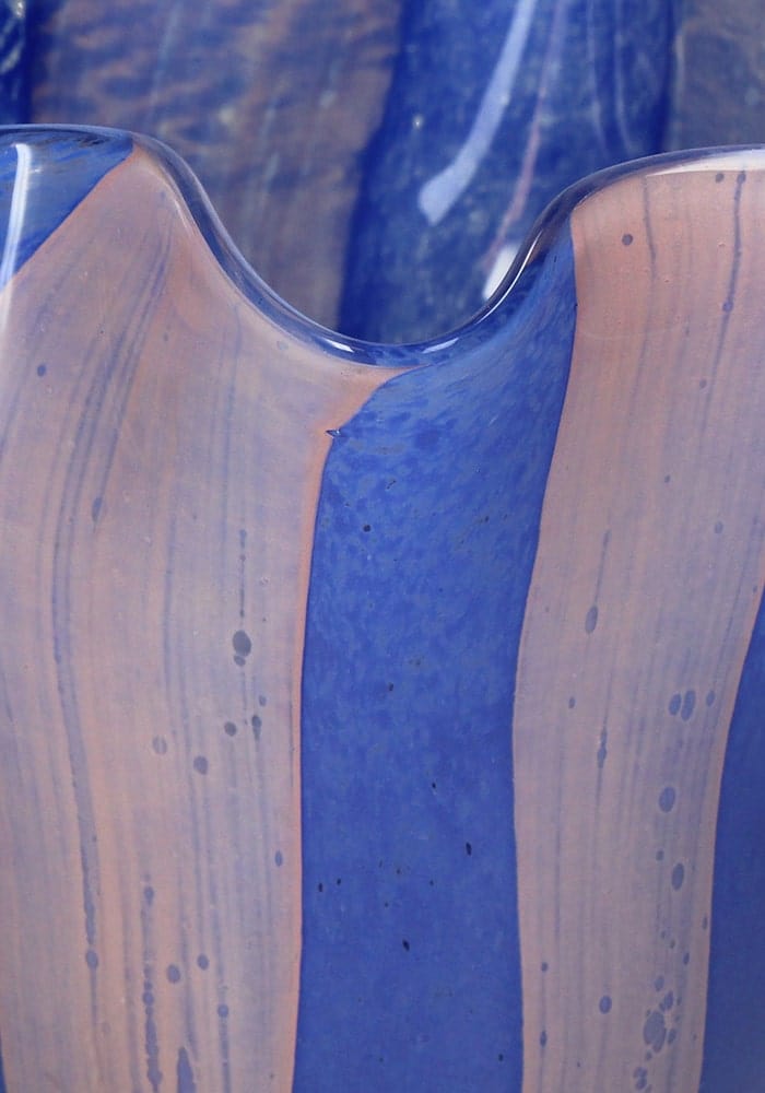 Striped Scalloped Blue and Pink Glass Vase