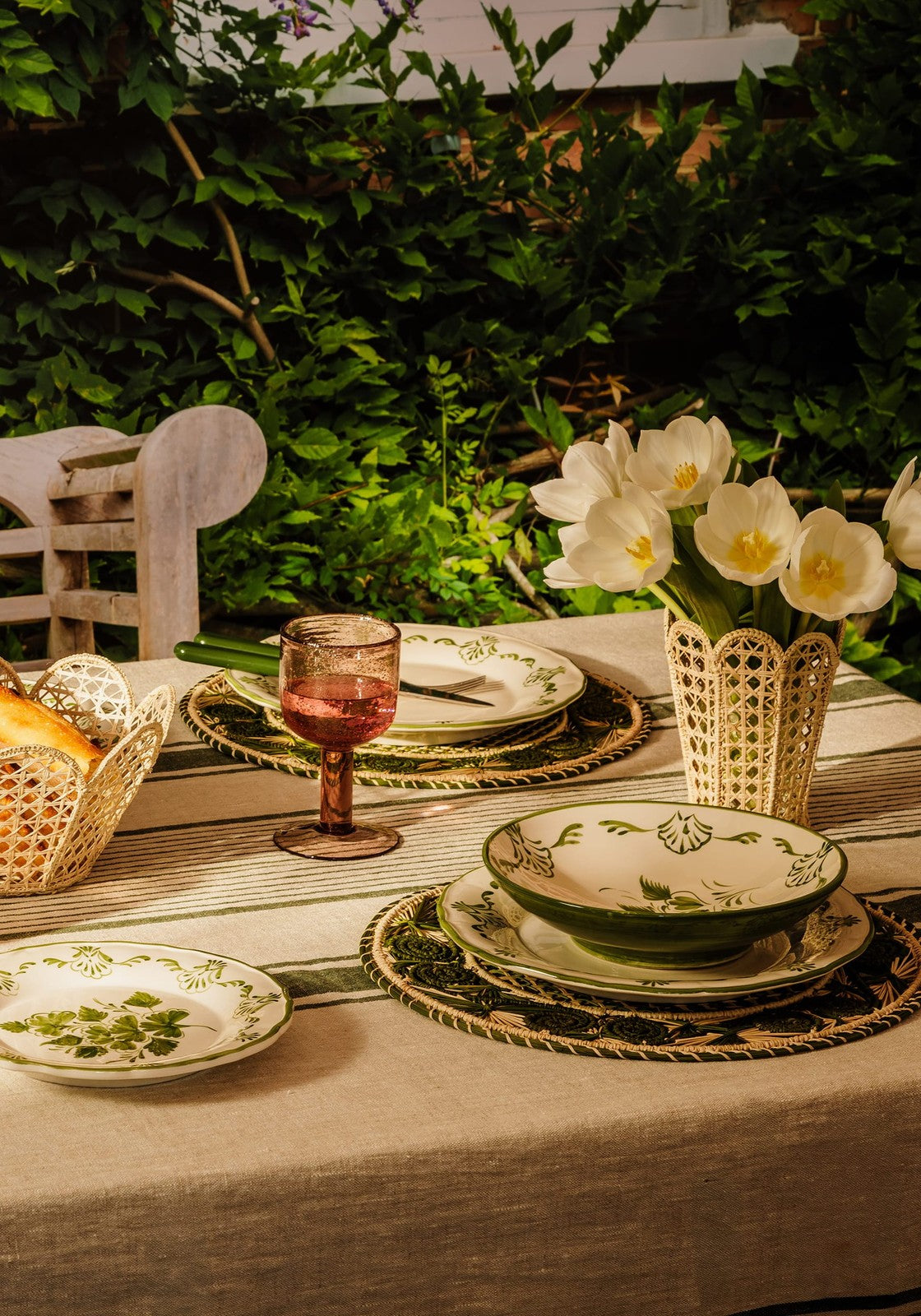 Jemima Linen Tablecloth, Green Stripe