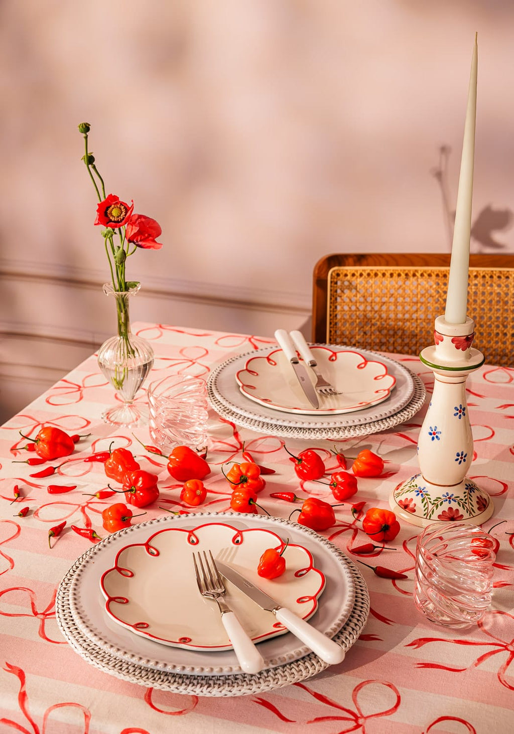 Kensington Bow Pink Cotton Tablecloth with Ric Rac