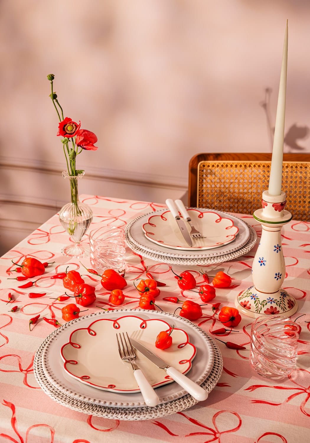 Kensington Bow Pink Cotton Tablecloth with Ric Rac