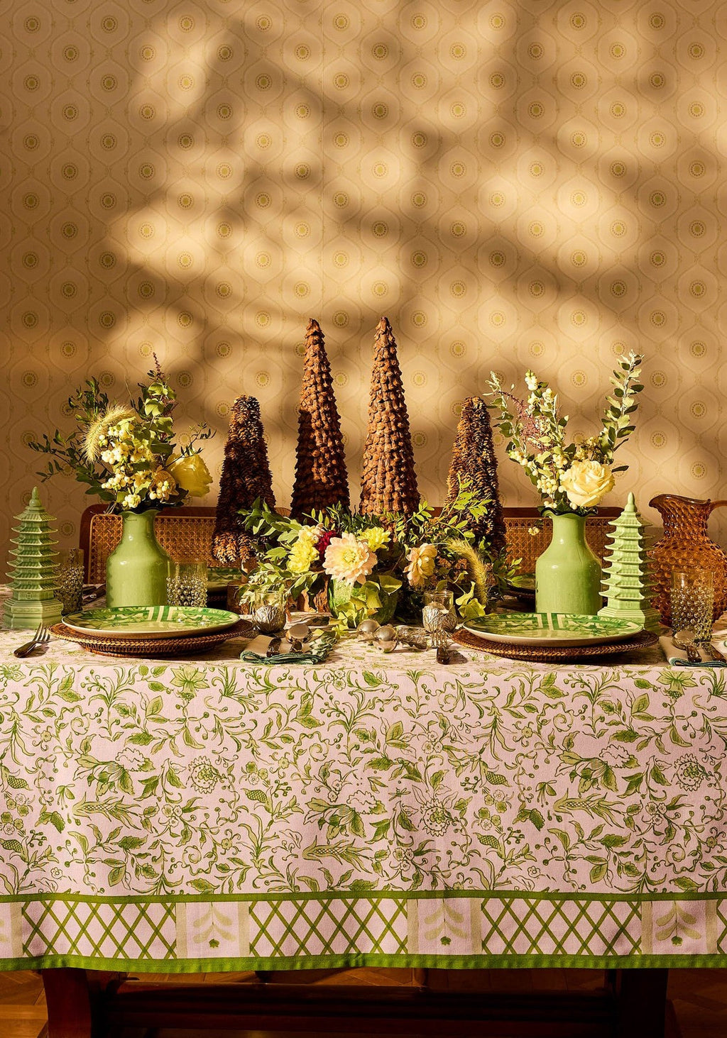 Pretty Meadow Green Floral Cotton Tablecloth