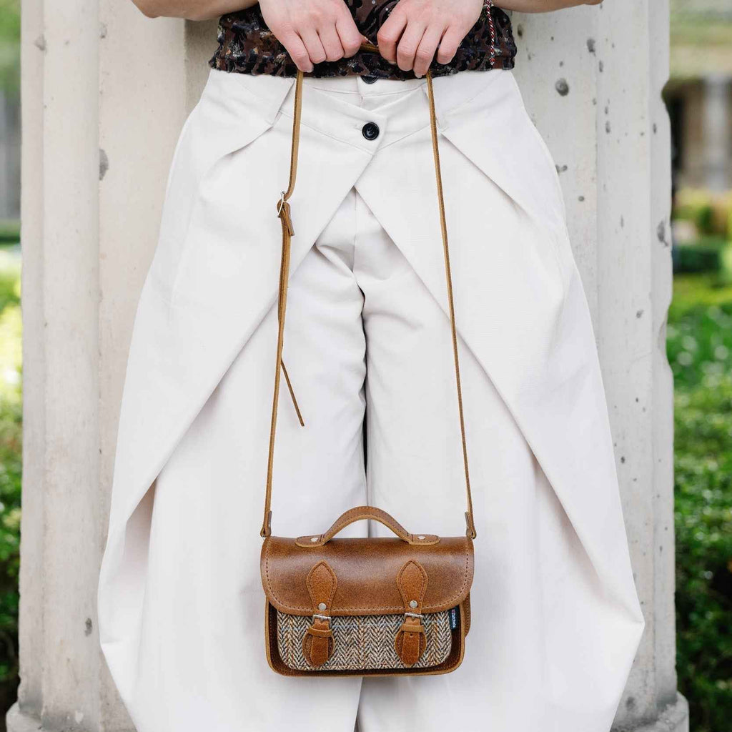 Handmade Tannery Leather and Tweed Cross Body Micro Satchel Plus - Tan