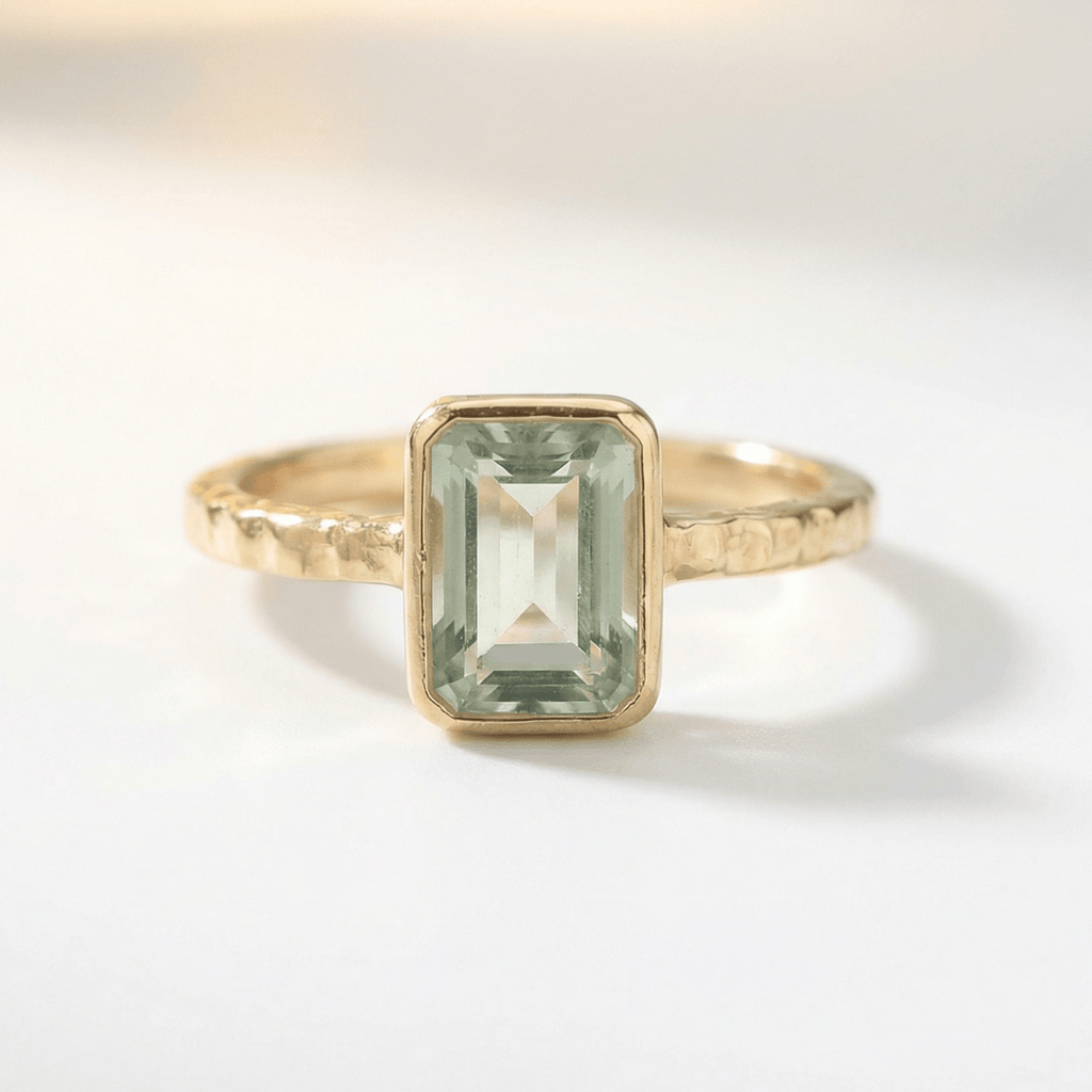 Tidewashed Green Quartz Ring - Octagonal Gemstone & Hammered Band