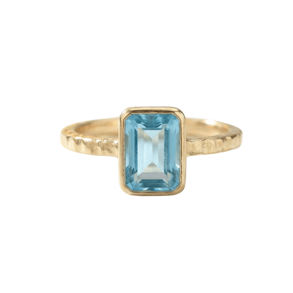 Tidewashed Sky Blue Topaz Ring – Octagonal Gemstone & Hammered Band