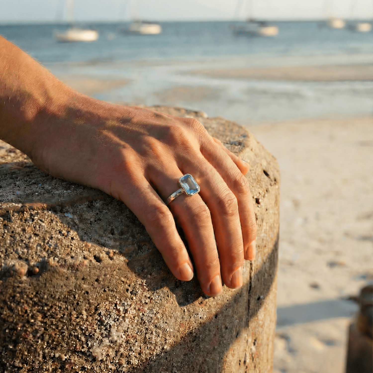 Tidewashed Sky Blue Topaz Ring – Octagonal Gemstone & Hammered Band