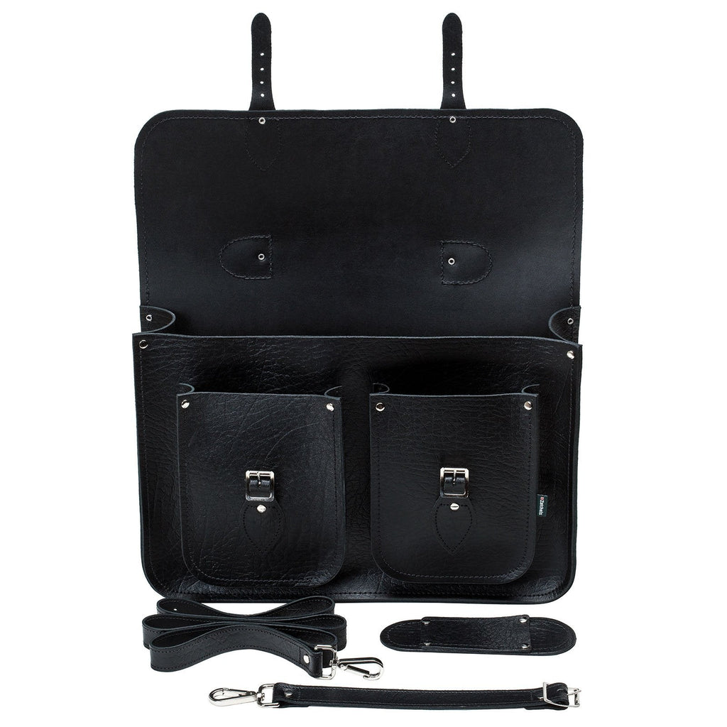 Twin Pocket Executive Handmade Leather Satchel - Black
