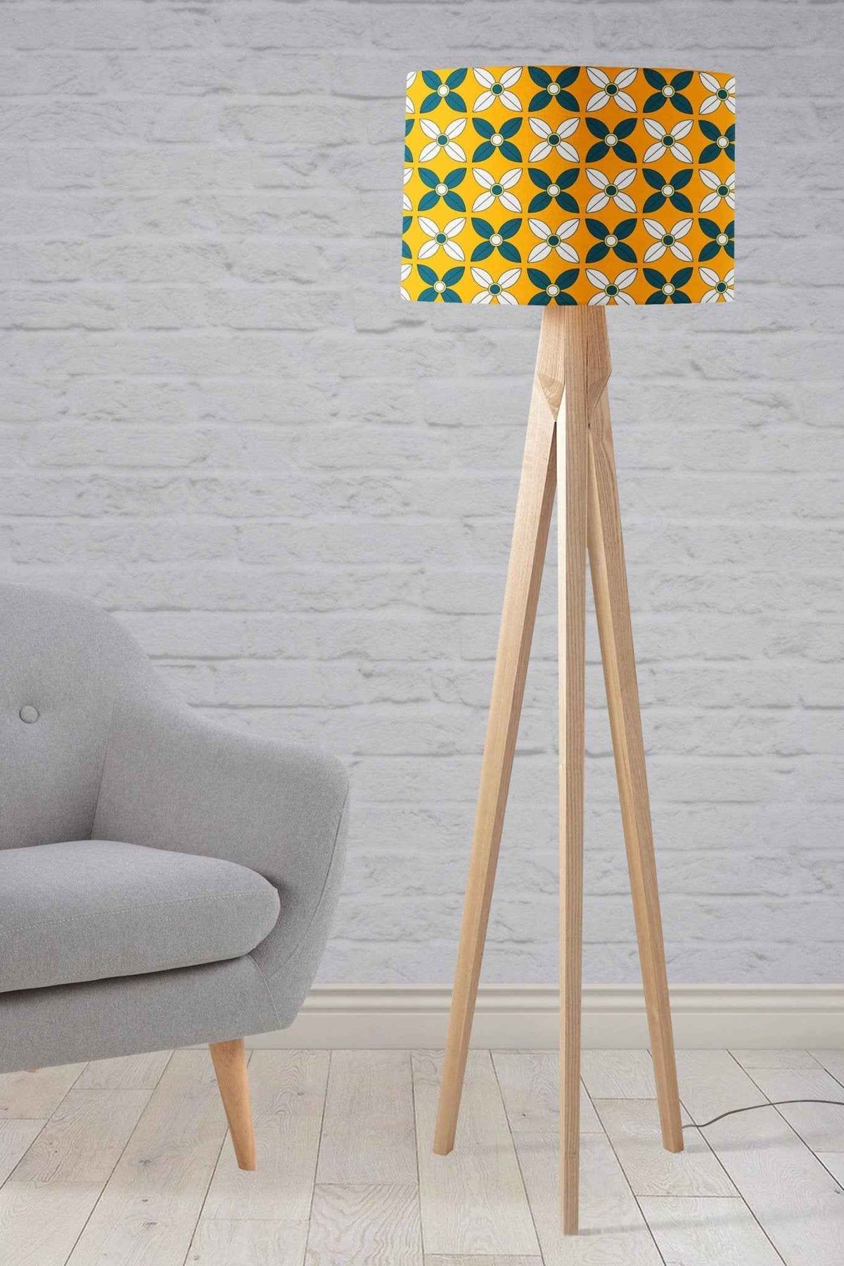 Yellow Drum Lampshade, Retro Blue and White Design Shade for Table, Floor or Ceiling Pendant Light
