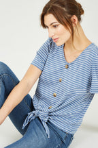 Yumi Blue Striped Jersey Button Detail Top