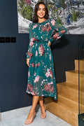 Yumi Urban Touch Green Floral Print Long Sleeve Dress