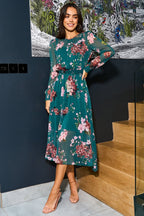 Yumi Urban Touch Green Floral Print Long Sleeve Dress