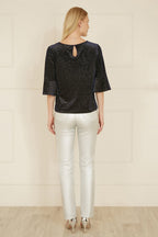 Yumi Navy Sparkle Velvet Relaxed Fit Top With Fluted Sleeves